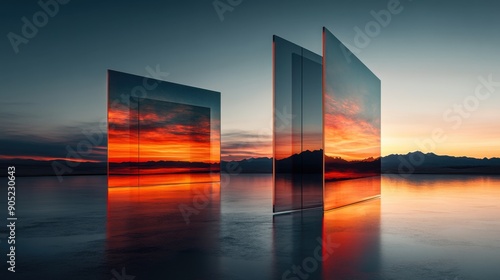 A modern office environment featuring two large screens angled towards each other, set against a clean gradient background. The screens display vibrant pop colors with thin red neon accents. The