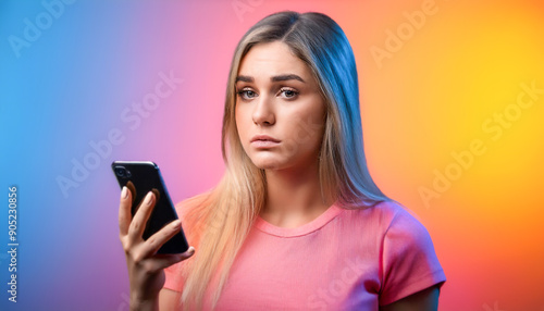 Young girl very unhappy about the message she received on her smartphone