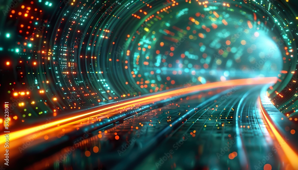 Fototapeta premium Blue and Green Network Lines Form a Futuristic Design: Cinematic Lighting, Design Stage