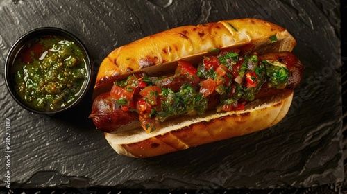 Argentinian choripan with chimichurri and creole sauce