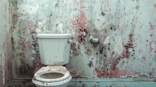 A dirty and abandoned bathroom with a stained toilet and deteriorating walls covered in grime and mold, symbolizing decay and neglect. photo