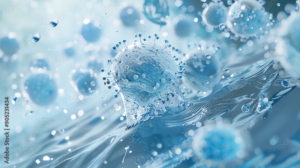 Abstract image of water droplets and bubbles creating a serene and dynamic aquatic scene in shades of blue. Abstract image of water droplets and bubbles creating a serene and dynamic aquatic scene in shades of blue.