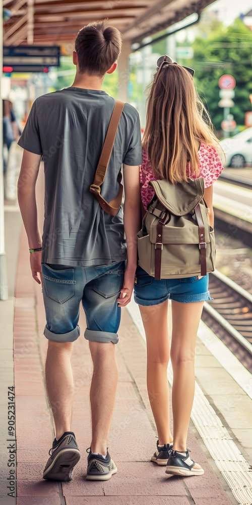 Young Couple Walking Together at the Train Station Young Couple Walking Together at the Train Station
