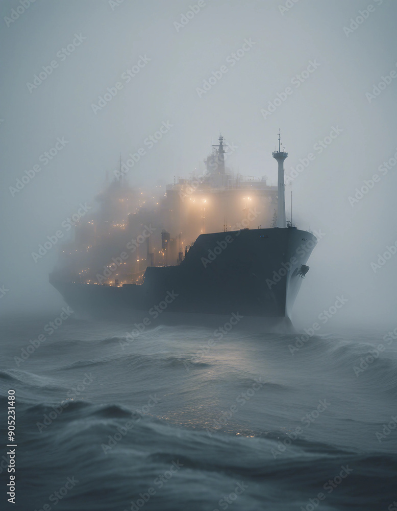 Fototapeta premium A cargo ship struggling through dense fog and towering waves in the early morning, with visibility near zero and the eerie sound of foghorns echoing. 