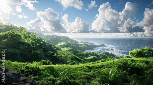 Plateau with lush green vegetation looking like a golf course observed from the whale lookout next to the Rosais lighthouse photo