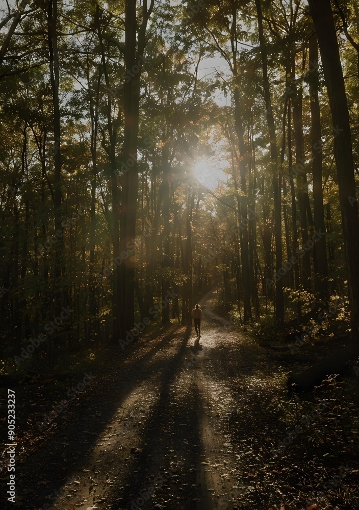 Fototapeta premium Person Walking Through Forest Path With Sun Rays