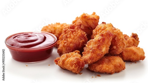 deep fried crispy golden crispy chicken or fish nugget quorn vegetarian with vegetable homemade ketchup sauce snack on white table appetiser halal food vegan cuisine cafe menu for restaurant photo