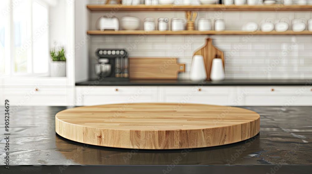 Empty Beautiful Round Wood Tabletop Counter in Clean and Bright Kitchen Background, Ready for Display, Banner, for Product Montage, Elegant Kitchen Surface, High-Resolution Kitchen Scene, Ideal Empty Beautiful Round Wood Tabletop Counter in Clean and Bright Kitchen Background, Ready for Display, Banner, for Product Montage, Elegant Kitchen Surface, High-Resolution Kitchen Scene, Ideal
