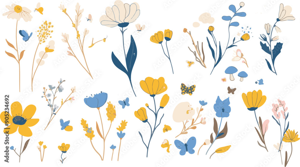 Seamless spring floral pattern with daisies, butterflies, and leaves for nature-inspired design Seamless spring floral pattern with daisies, butterflies, and leaves for nature-inspired design