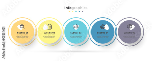 Business infographic with thin line design elements with circles and marketing icons. Ideal for timeline processes with 5 steps and options.