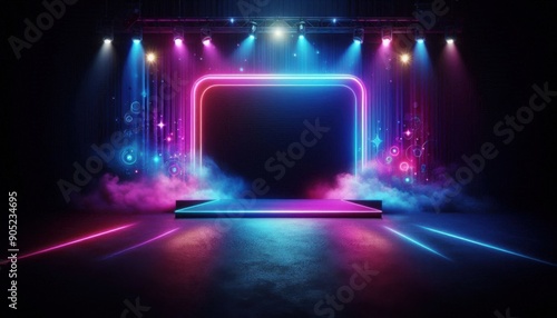 a square stage with glowing light surround in pink and blue series light