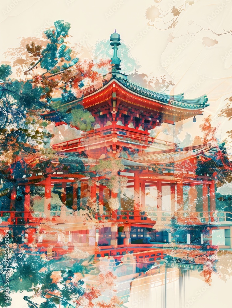 Fototapeta premium A watercolor painting of a Japanese pagoda with cherry blossoms blooming around it. The image symbolizes beauty, peace, tradition, nature, and serenity.