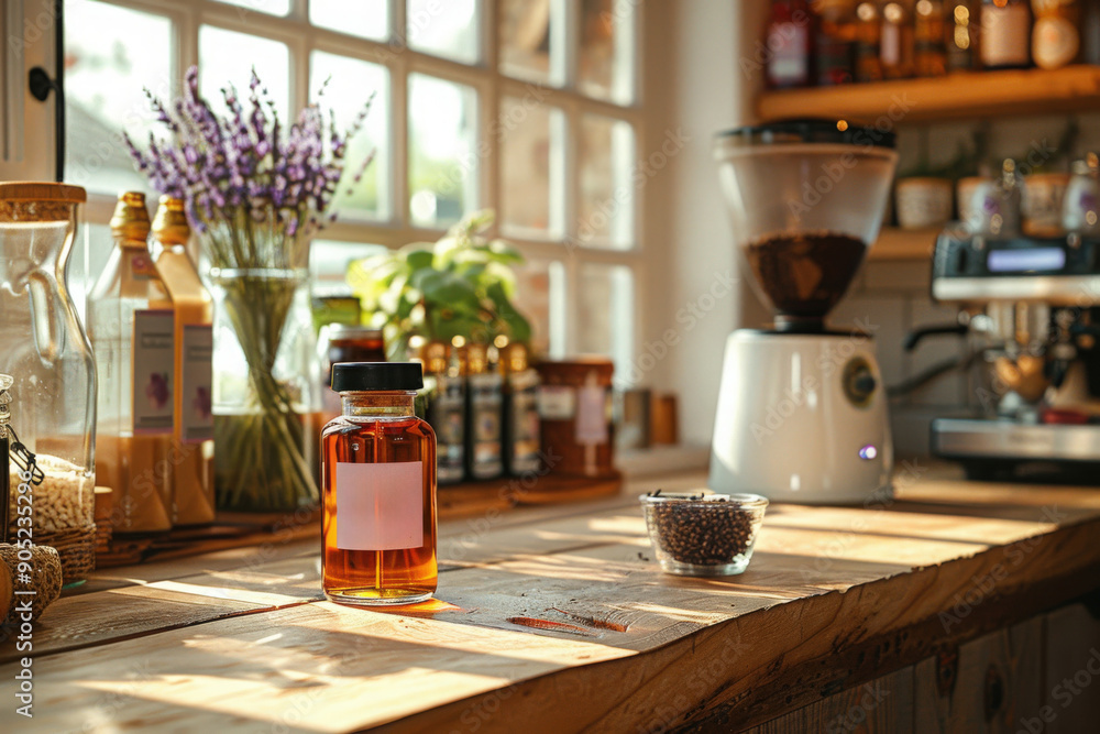 A glass bottle of lavender syrup sits on a wooden counter in a modern kitchen, surrounded by other bottles and a coffee grinder A glass bottle of lavender syrup sits on a wooden counter in a modern kitchen, surrounded by other bottles and a coffee grinder