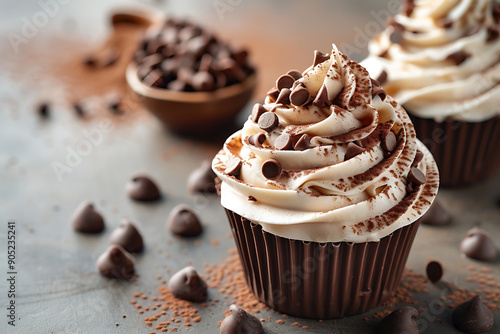 Chocolate cupcake topped with chocolate chips and shavings on whipped cream photo