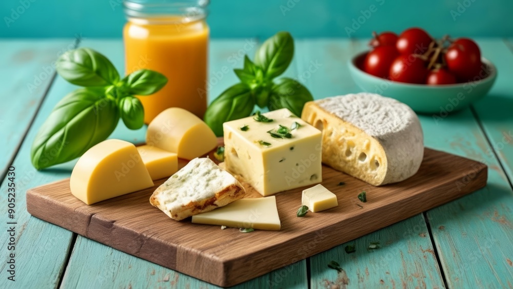 Delicious cheese platter with fresh basil and juicy tomatoes Delicious cheese platter with fresh basil and juicy tomatoes