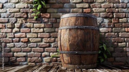 stuffed old wooden barrel at the brick wall