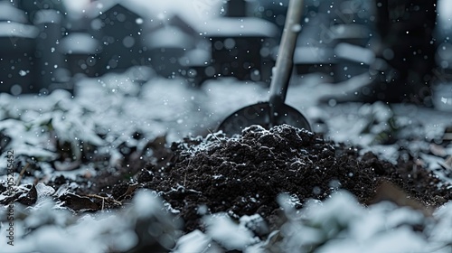 Details of a gravedigger covering a tomb with dirt with a shovel during a burial ceremony on a cold and snowy winter day