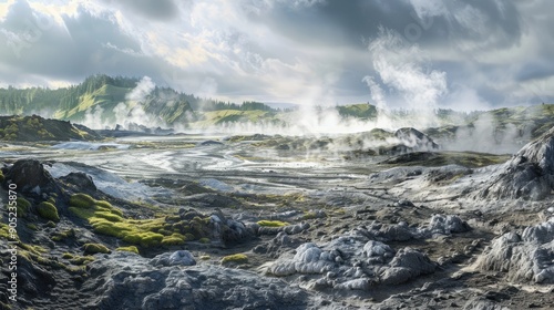 Panorama of Steamy Geothermal Landscape at Craters of the Moon Taupo New Zealand