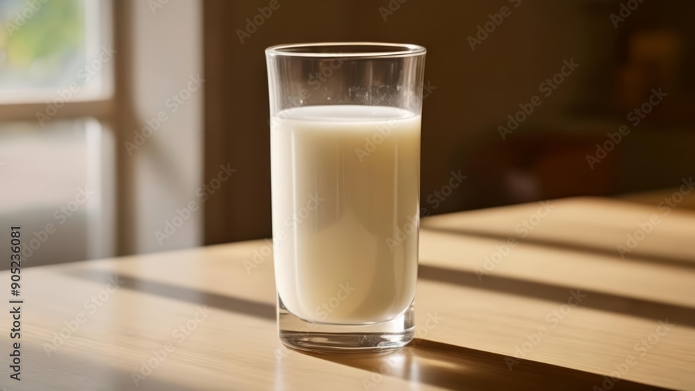 Freshly poured glass of milk on a wooden table Freshly poured glass of milk on a wooden table