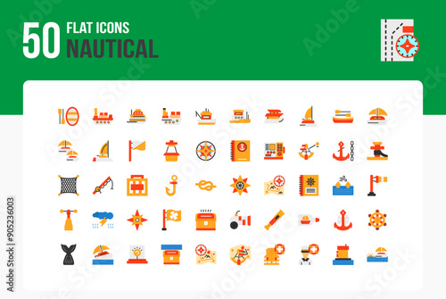 Set of 50 Nautical icons related to Raft, Cargo ship, Cruise ship, Container ship Flat Icon collection