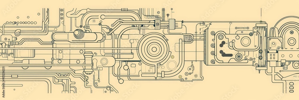 Fototapeta premium A complex machine with gears, pipes, and electrical circuits, symbolizing innovation, technology, automation, engineering, and the future.