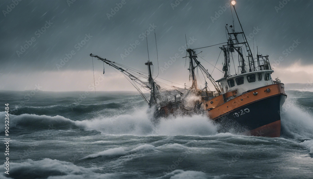 A fishing trawler caught in a freezing rainstorm at dawn, with icy waves crashing against its sides
A fishing trawler caught in a freezing rainstorm at dawn, with icy waves crashing against its sides