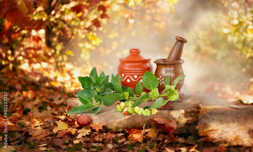 Fresh Withania somnifera or ashwagandha leaves with fruits isolate on forest background. Fresh Withania somnifera or ashwagandha leaves with fruits isolate on forest background.