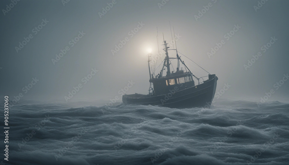 A fishing trawler caught in a freezing rainstorm at dawn, with icy waves crashing against its sides
A fishing trawler caught in a freezing rainstorm at dawn, with icy waves crashing against its sides