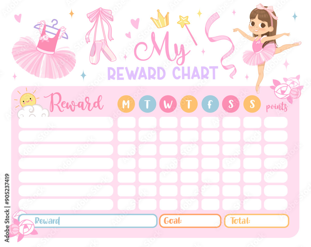 Ballerina reward chart for girls and boys. Cute Ballerina. Table of behavior, chores and routine work of kids. Vector Ballerina reward chart for girls and boys. Cute Ballerina. Table of behavior, chores and routine work of kids. Vector