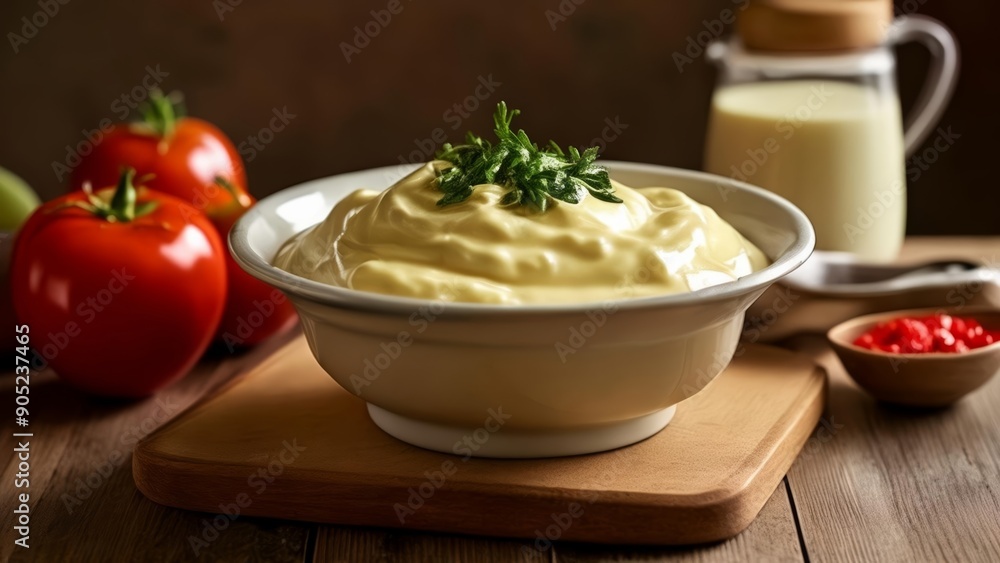 Freshly prepared dip with a garnish ready to serve Freshly prepared dip with a garnish ready to serve