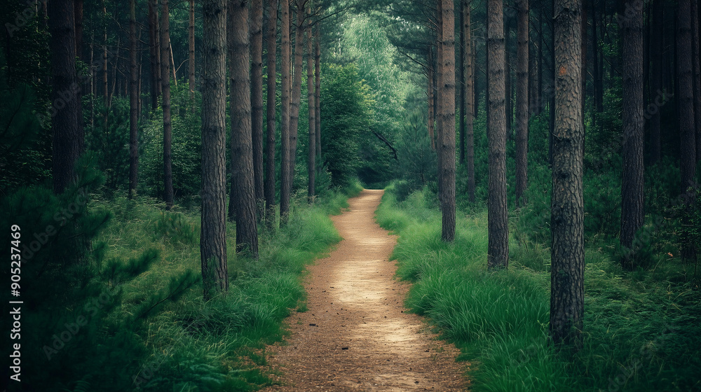 Fototapeta premium Scenic Forest Trail Winding Through Lush Greenery on a Sunny Day