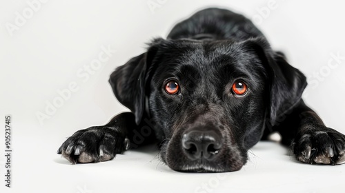Wallpaper Mural A close-up portrait of a black Labrador Retriever lying on a white background, its soulful eyes gazing directly at the camera. The dog's wet nose and soft fur add to its endearing charm. Torontodigital.ca