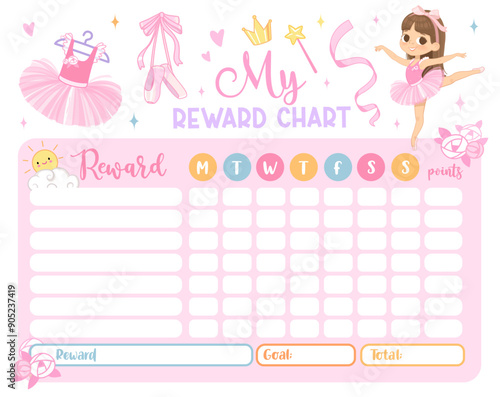Ballerina reward chart for girls and boys. Cute Ballerina. Table of behavior, chores and routine work of kids. Vector