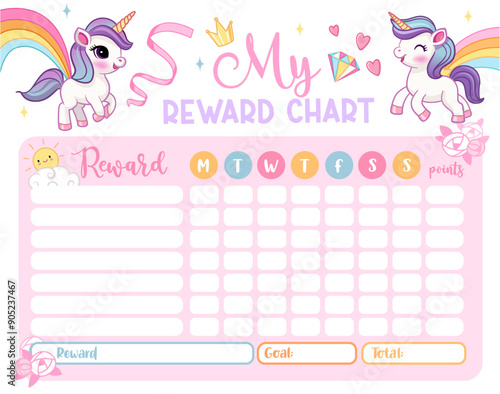 Unicorn reward chart for girls and boys. Cute baby unicorn. Table of behavior, chores and routine work of kids. Vector