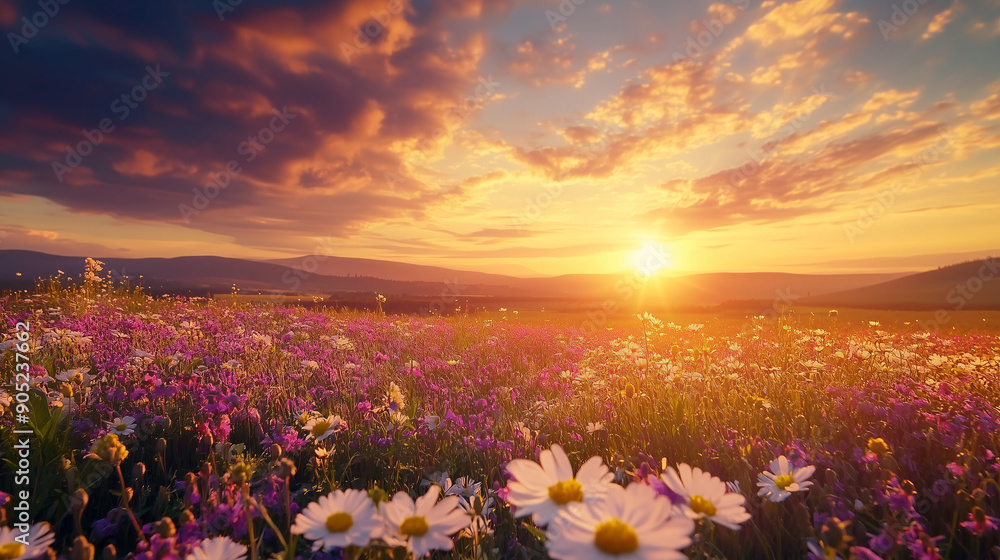 Fototapeta premium Golden Hour Bliss: Wildflowers Blooming at Sunset