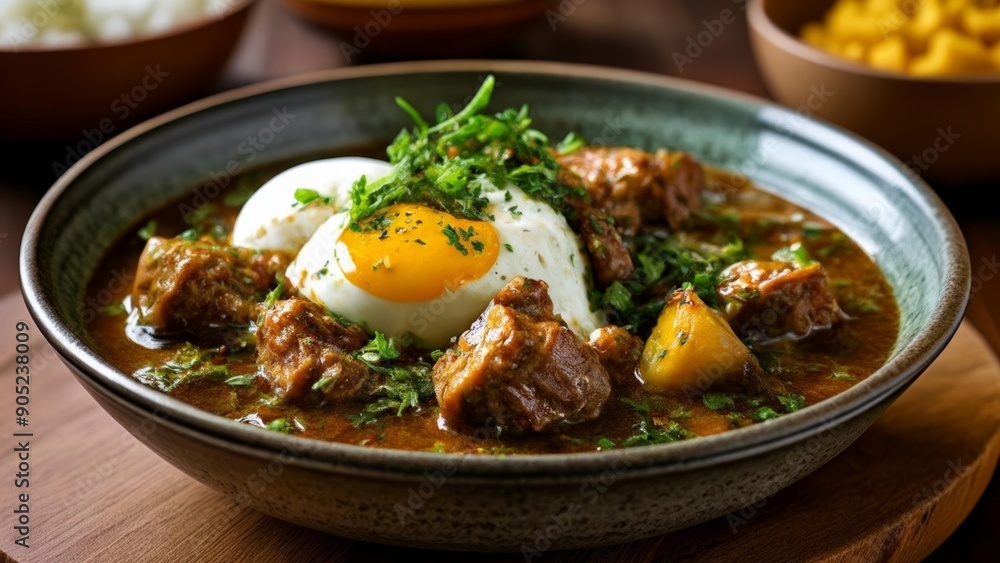 Deliciously hearty beef stew with a poached egg on top Deliciously hearty beef stew with a poached egg on top