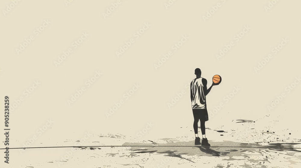 A solitary basketball player stands on a grunge court, holding a ball with a determined expression. This image symbolizes focus, determination, and the pursuit of a goal. A solitary basketball player stands on a grunge court, holding a ball with a determined expression. This image symbolizes focus, determination, and the pursuit of a goal.