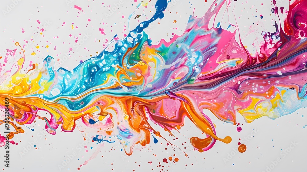 A vibrant splash of multicolored paint on a white canvas with swirling patterns and splatters A vibrant splash of multicolored paint on a white canvas with swirling patterns and splatters