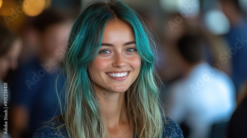 Wallpaper Mural Happy candid female employee with teal hair laughing with colleagues in relaxed office team building induction meeting. Torontodigital.ca