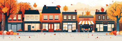 Illustration of a charming autumn street scene with cozy shops and colorful fall leaves, capturing the essence of a small town in fall.