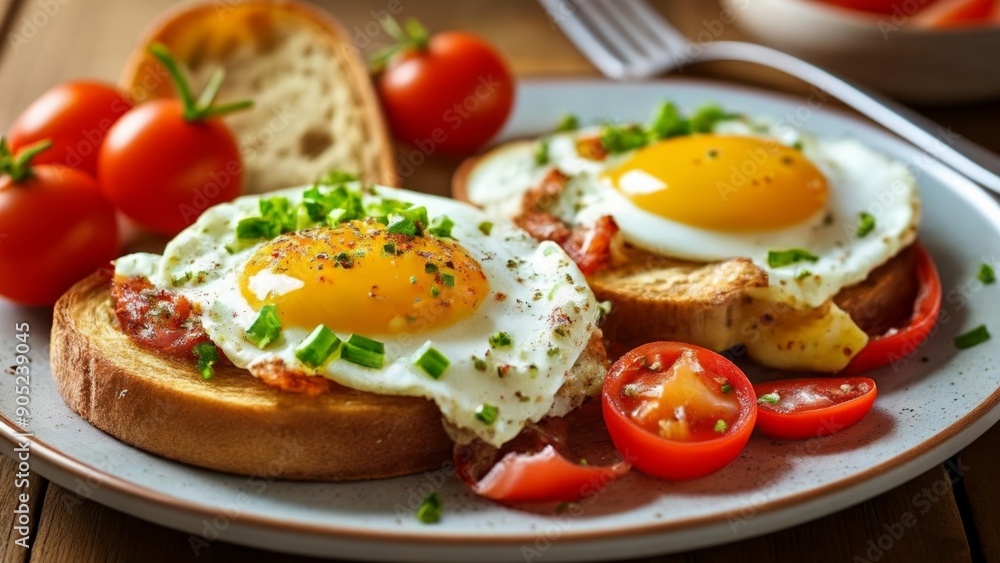 Deliciously simple breakfast with eggs and tomatoes on toast Deliciously simple breakfast with eggs and tomatoes on toast