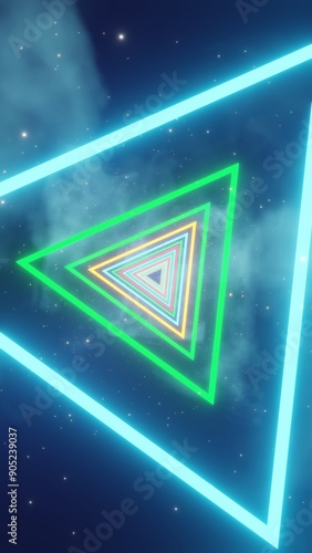 Futuristic Neon Triangular Tunnel with Speeding Light Streaks..