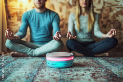 Couple meditating with a sl...