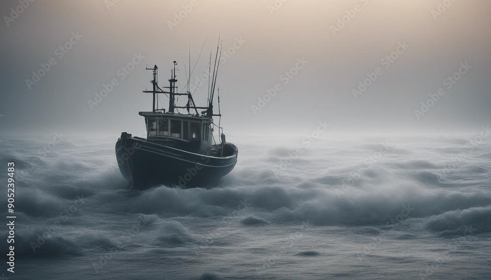 A lone fishing boat braving a foggy, freezing night at sea, surrounded by towering waves and icy mist as it fights against the elements.
A lone fishing boat braving a foggy, freezing night at sea, surrounded by towering waves and icy mist as it fights against the elements.