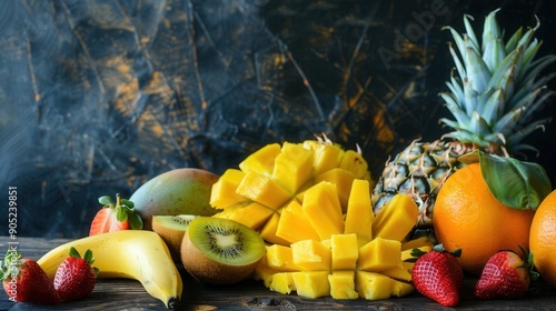 Fresh pineapple with summer seasonal fruit on table photo