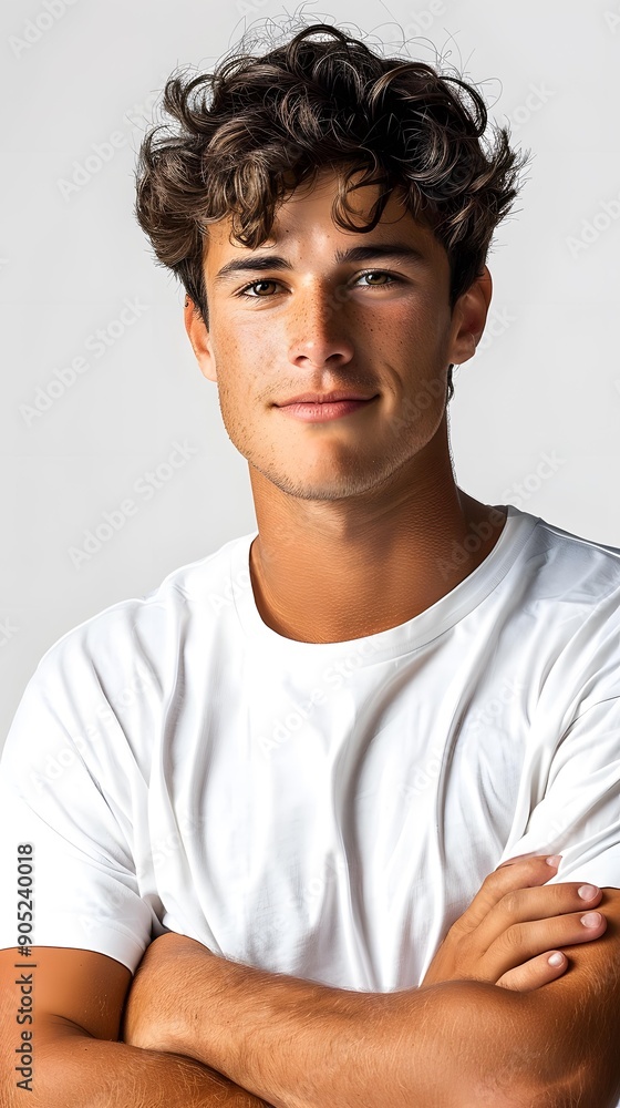 Portrait of a Young Man with Curly Hair and a White T-Shirt Portrait of a Young Man with Curly Hair and a White T-Shirt