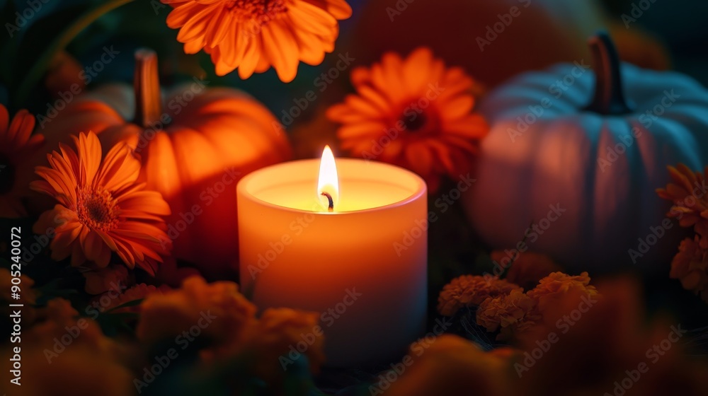 A burning candle creates a warm glow amidst pumpkins, orange flowers, and a soft-focus background, symbolizing warmth, comfort, fall, and festivity. A burning candle creates a warm glow amidst pumpkins, orange flowers, and a soft-focus background, symbolizing warmth, comfort, fall, and festivity.
