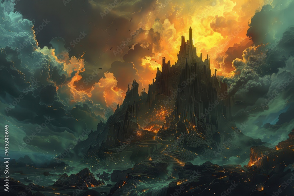 Dark Fantasy Castle Erupted with Lava and Fire under Stormy Sky Dark Fantasy Castle Erupted with Lava and Fire under Stormy Sky