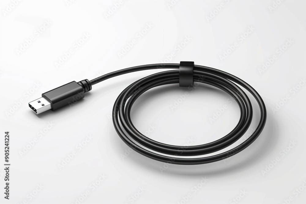 Black charging usb cabel. Isolated on white background. Generative Ai Black charging usb cabel. Isolated on white background. Generative Ai