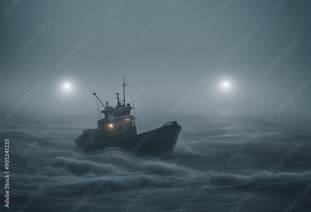 A lone fishing boat braving a foggy, freezing night at sea, surrounded by towering waves and icy mist as it fights against the elements.
A lone fishing boat braving a foggy, freezing night at sea, surrounded by towering waves and icy mist as it fights against the elements.